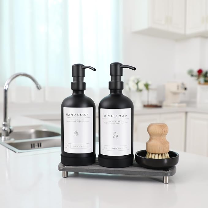 Kitchen Soap Dispenser Set - 16OZ Black Glass Bottle - Image 5
