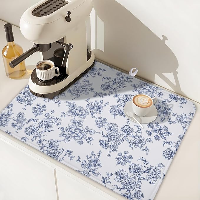 Blue Floral Dish Drying Mat for Kitchen Counter Chinoiserie Flower Microfiber - Image 7