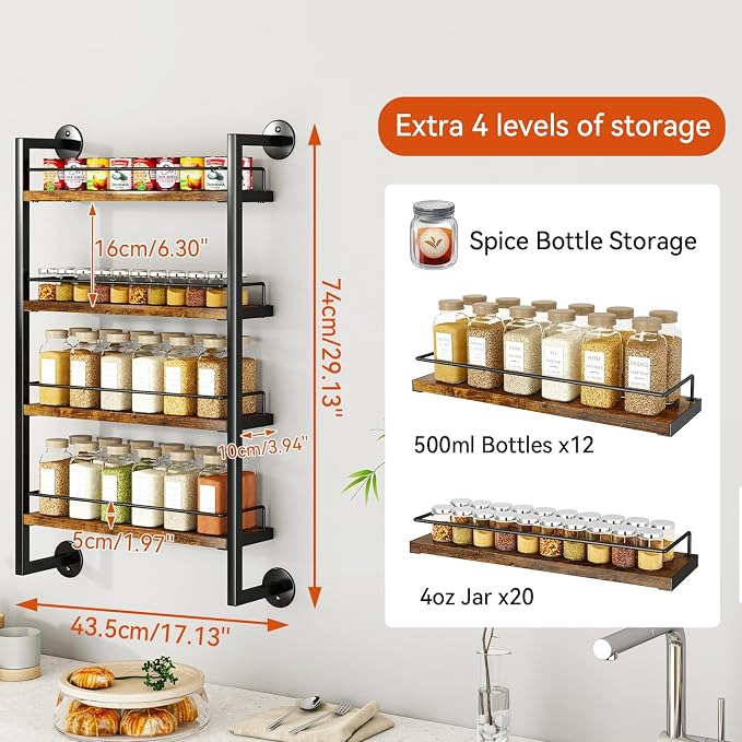 IBUYKE Spice Rack Wall Mount, 4 Tier Hanging Seasoning Organizer, Large Spice - Image 5