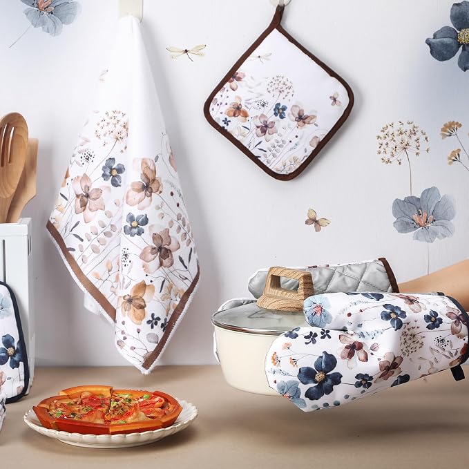 Teenyyou 6 Pcs Spring Brown Poppy Floral Kitchen Towels Oven Mitts and Pot - Image 6