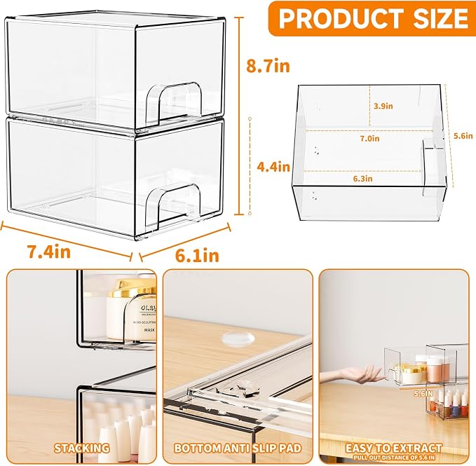 Yieach 2 Pack Clear Stackable Storage Drawers, 4.4'' Tall Acrylic Drawer - Image 3