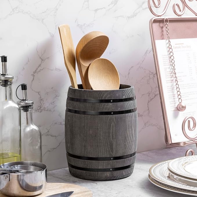 MyGift Wine Barrel Design Kitchen Utensil Crock, Vintage Gray Solid Wood - Image 4