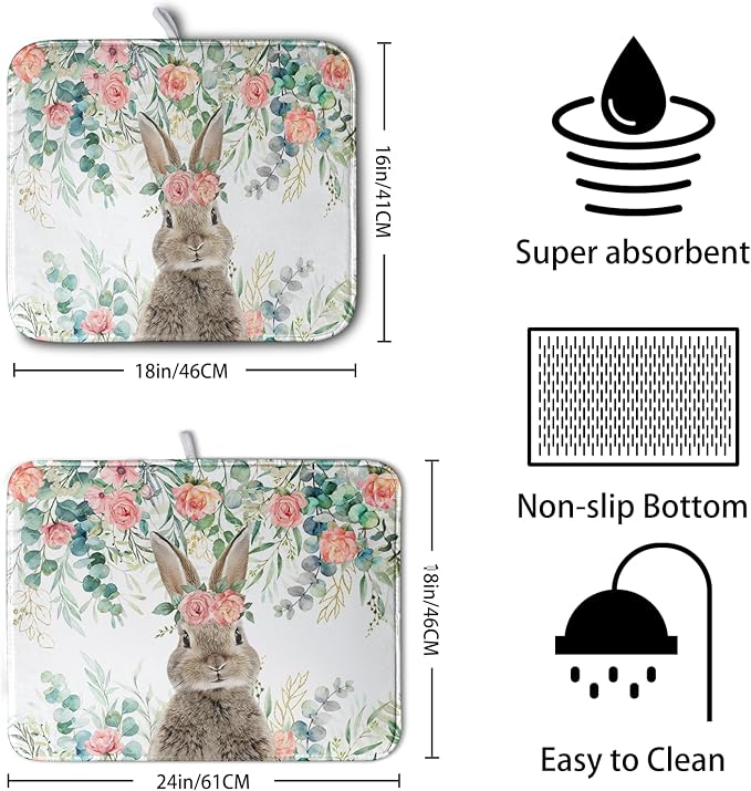 Easter Rabbit Dish Drying Mats for Kitchen Counter Easter Spring Watercolor - Image 2