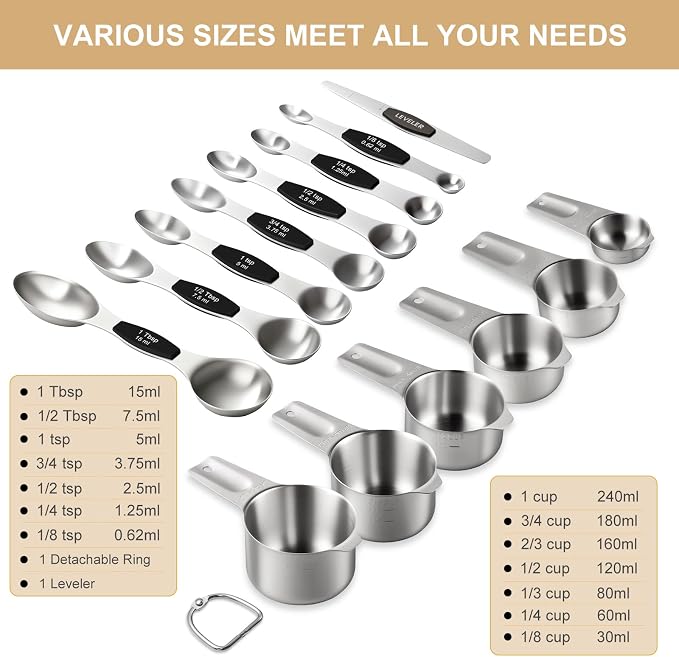 Stainless Steel Measuring Cups & Spoons Set, EWFEN Kitchen Tools Nesting - Image 2
