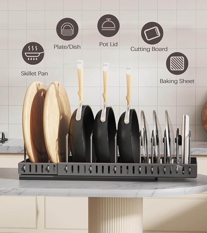 Pull Out Pots and Pans Organizer Under Cabinet, Expandable Sliding Lid Holder - Image 8