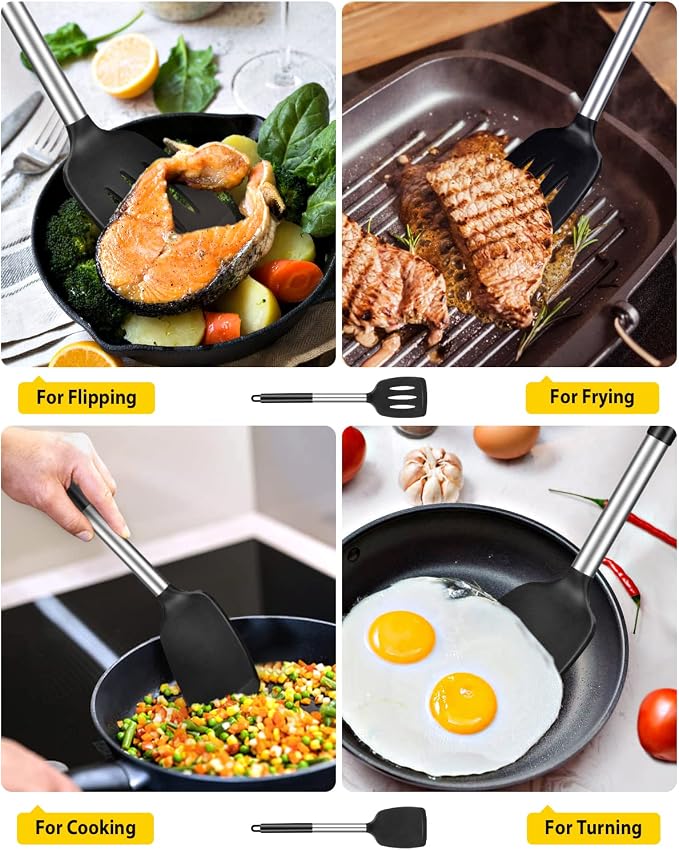 Pack of 2 Silicone Solid Turner, Non Stick Slotted Kitchen Spatulas, High Heat - Image 3