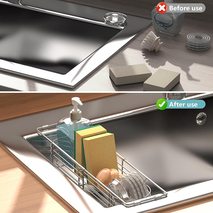 Sink Caddy Sponge Holder Kitchen Sink Organizer, Telescopic sink organizer rack - Image 3