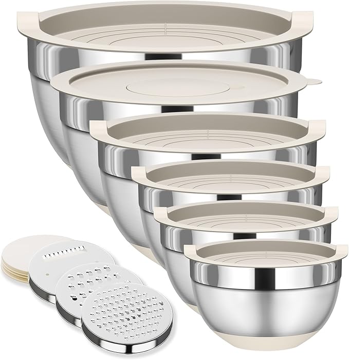 Fyrnova Mixing Bowls with Lids Set, 6 Piece Stainless Steel Nesting Storage by Fyrnova