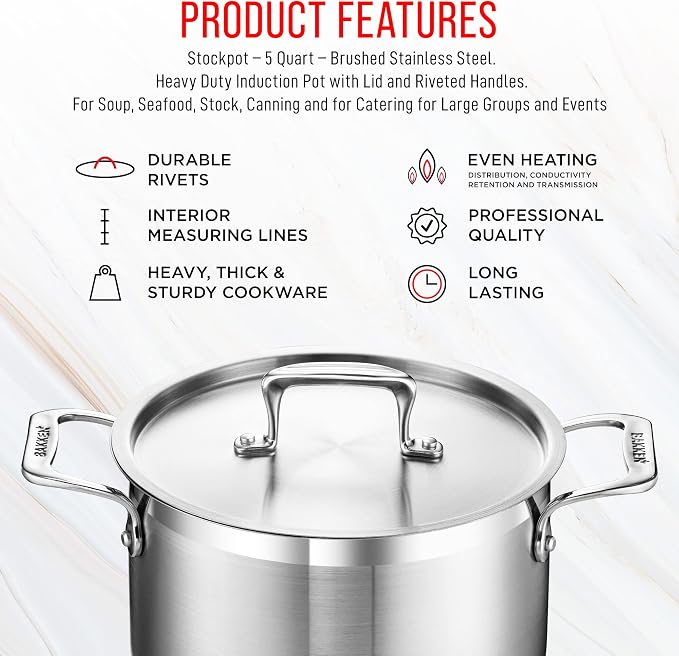 Stainless Steel Stockpot with Lid 5 Quart, Durable 18/8 Stainless Steel - Image 7