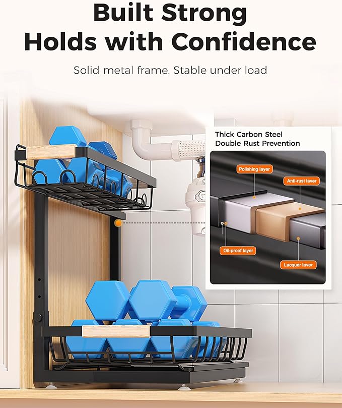 Sevenblue 3 Pack Under Sink Organizer, Height Adjustable 2 Tier Pull-Out Metal - Image 6