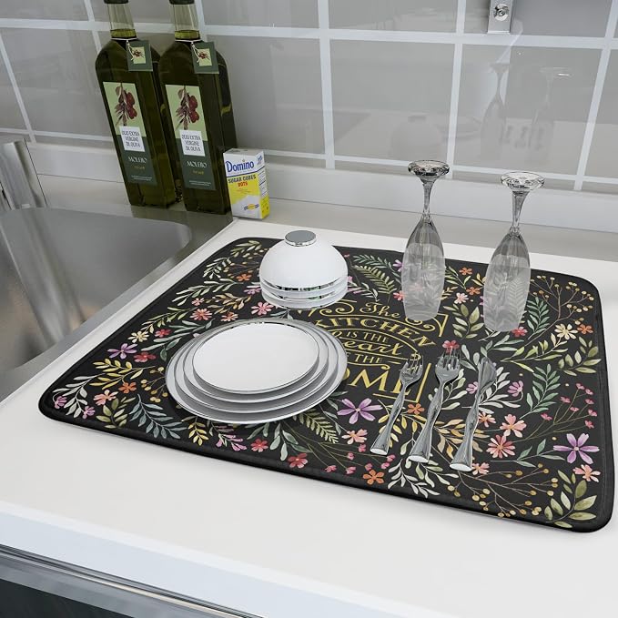 Vintage Microfiber Dish Drying Mat Wildflowers Leaves Absorbent Dry Mat - Image 6