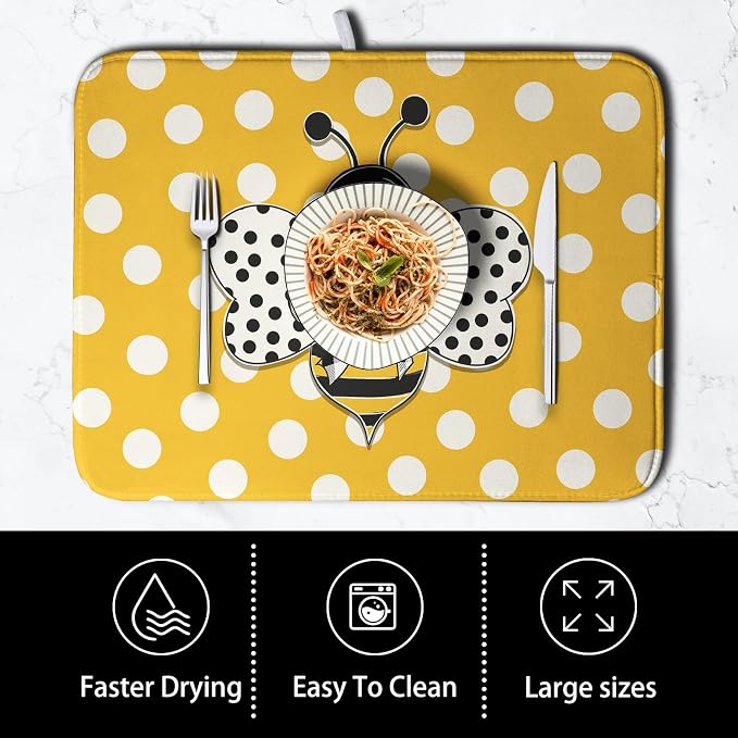 Bee Dish Drying Mat for Kitchen Counter 18x24 Inch Yellow Bumblebee Polka Dots - Image 4