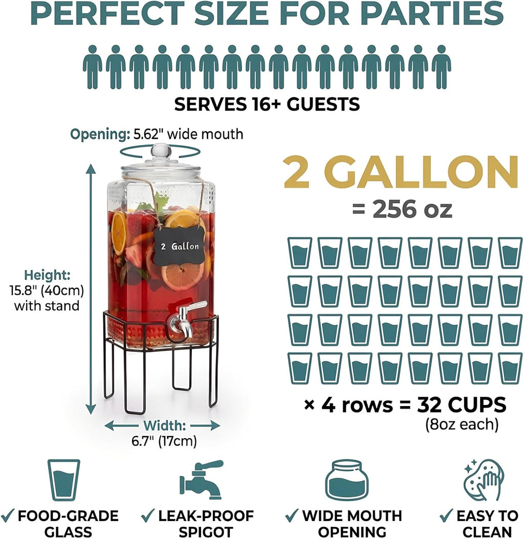 2 Gallon Glass Drink Dispenser, Drink Dispensers for Parties, Beverage