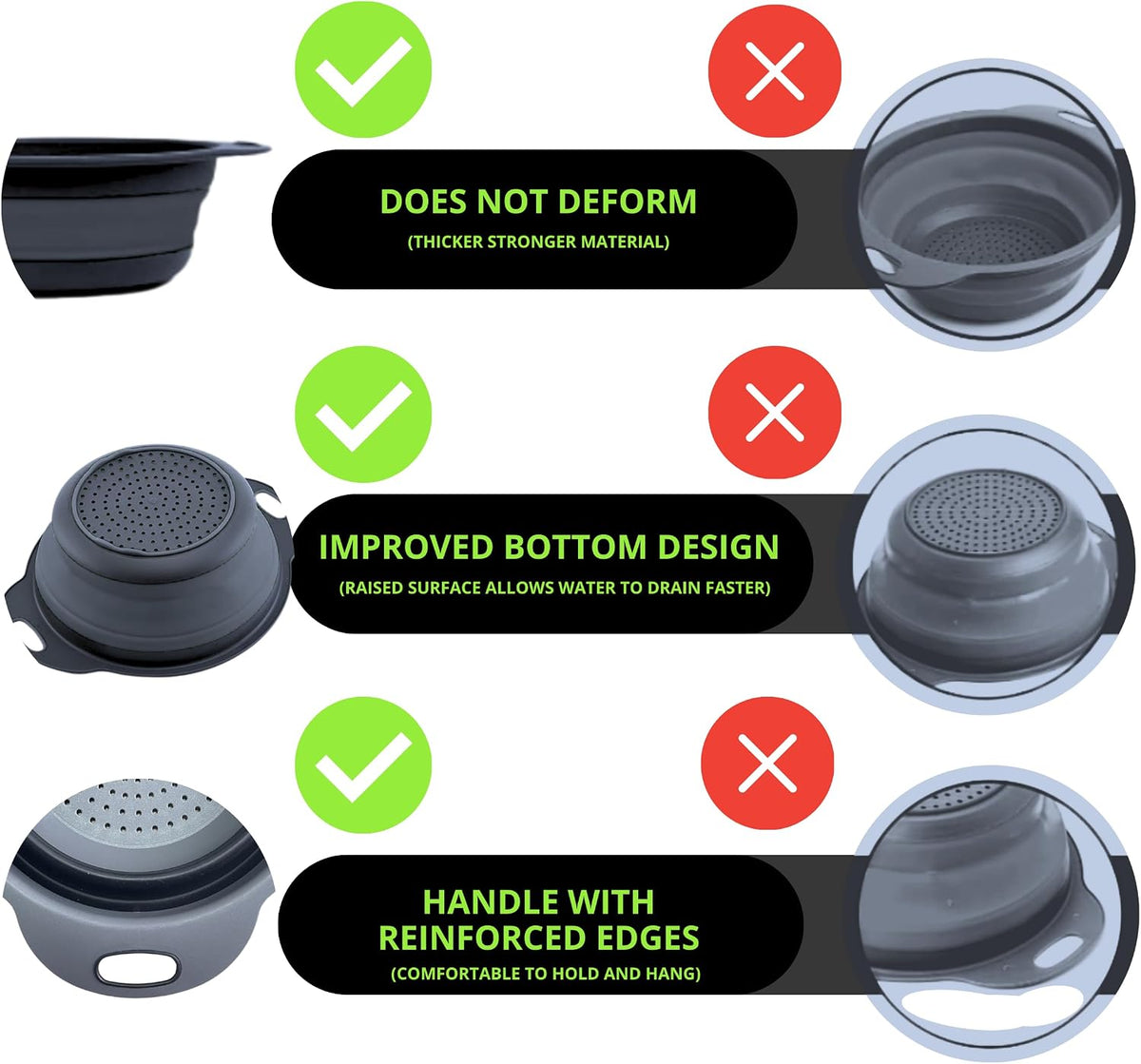 Small Food Strainer for Kitchen - Black Silicone Colander with Handle