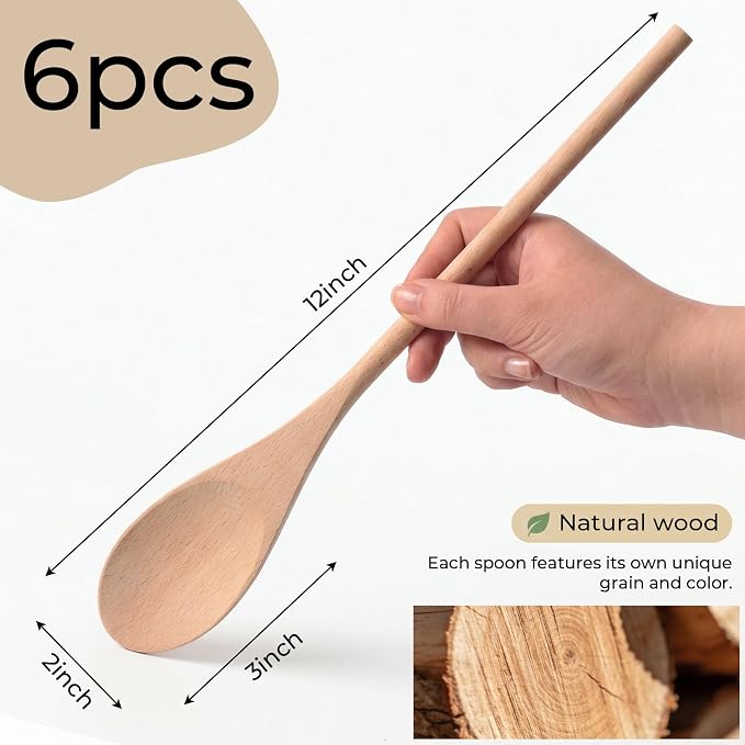 HANSGO 6PCS Wooden Spoons, 12 Inch Wooden Mixing Spoons Long Handle, Large Wood - Image 7