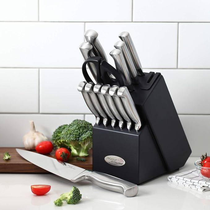 Marco Almond® Knife Set with Block KYA28, 14 Pieces Stainless Steel Chef - Image 8