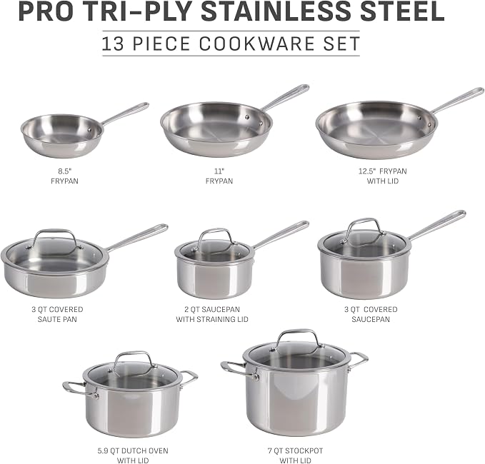 T-fal Pro Tri-Ply Stainless Steel Cookware Set 13 Piece Induction Compatible - Image 2
