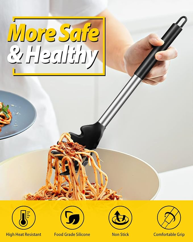 Silicone Pasta Fork and Ladle Spoon Set, Large Non Stick Kitchen Utensils - Image 3