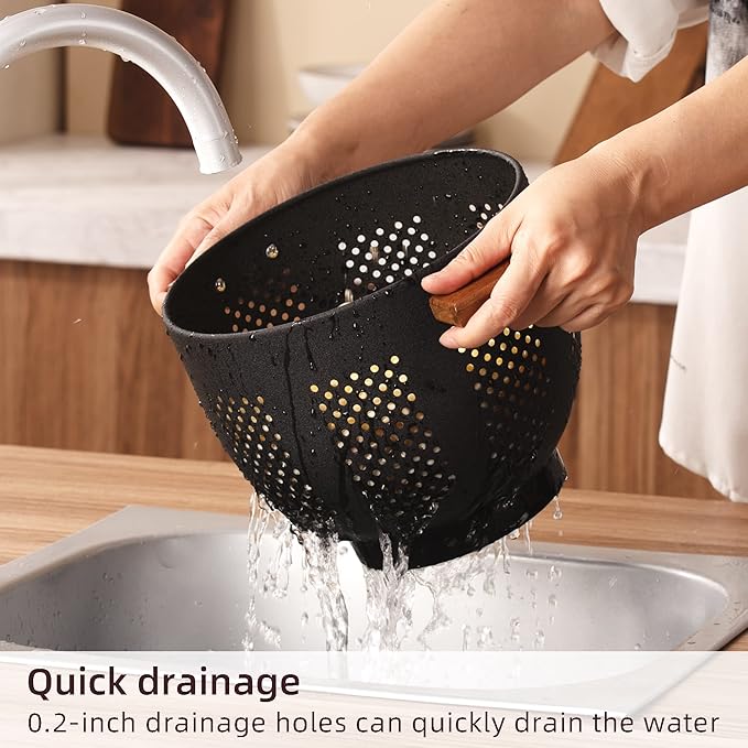 Metal Colander with Wood Handle and Stable Base, Powder Coated Steel Kitchen - Image 4