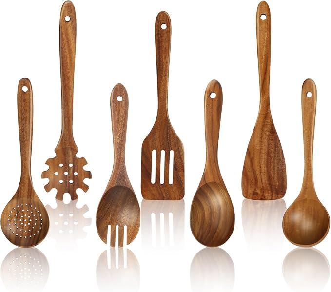 comfoyar Wooden Kitchen Cooking Utenails Set, 7 Pieces Natural Teak Wooden by comfoyar