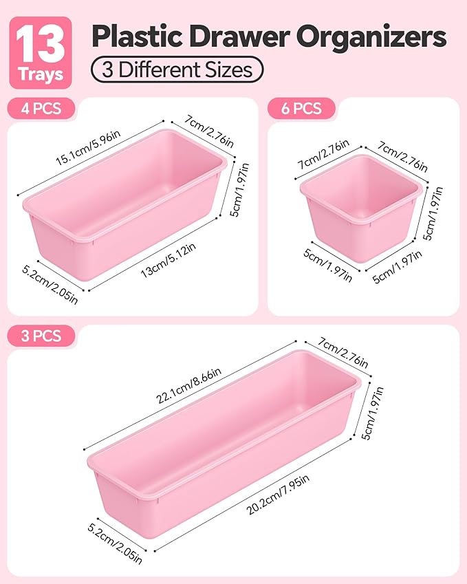 Canfanni 13 Pack Plastic Drawer Organizers Set, 3 Sizes Desk Drawer Organizer - Image 2