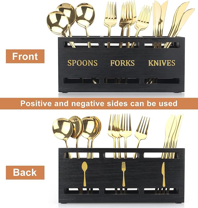 Ayiaren Wooden Cutlery Silverware Holder Flatware Utensil Caddy Black Utensil - Image 4