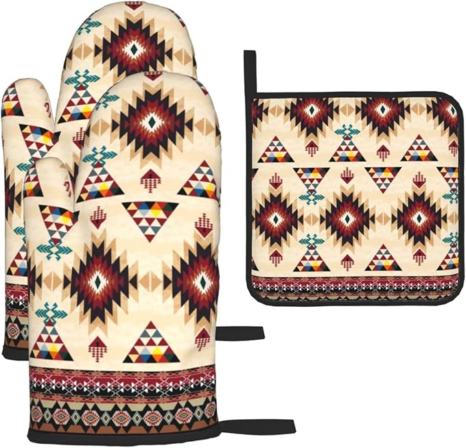 Southwestern Aztec Oven Mitts and Pot Holders Set of 3, Heat Resistant Non-Slip by Unknown
