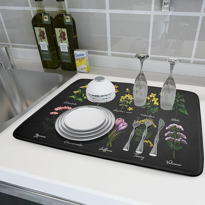 Black Flower Herbs Dish Drying Mat 18x24 Inch Botanical Floral Microfiber - Image 6