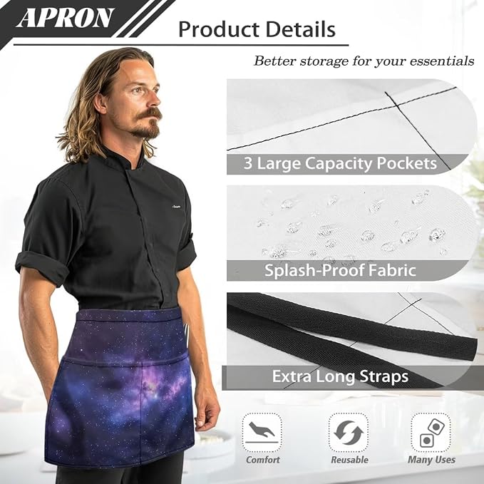 Server Apron with 3 Pockets, Waterproof Oil Waitress Waiter Half Apron - Image 6