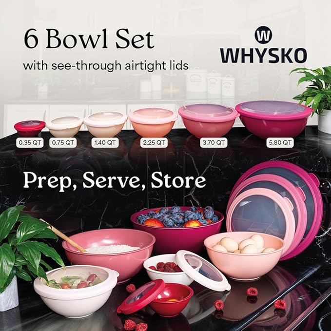 WHYSKO Mixing Bowl Set, 12 Piece Colorful Plastic Mixing Bowls - Image 2