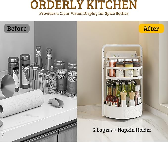 Rotating Spice Rack with Paper Towel Holder, 2 Tier Turntable Lazy Susan - Image 6