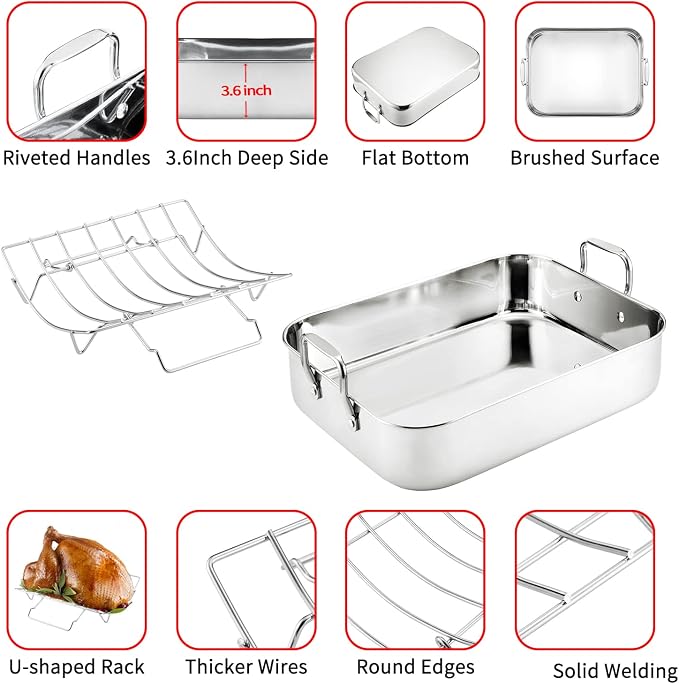 JY COOKMENT Roasting Pan with Baking Rack, 16.5 Inch Stainless Steel Turkey - Image 7