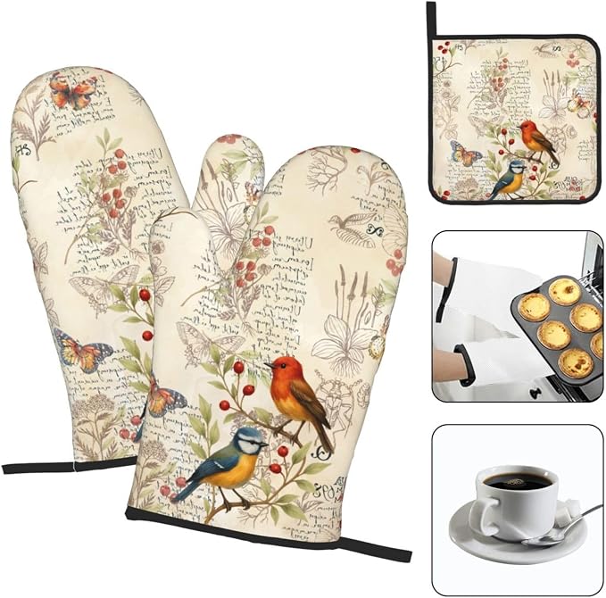Vintage Bird Themed Hot Pads and Oven Mitts Set of 3, Heat Resistant Non Slip - Image 3