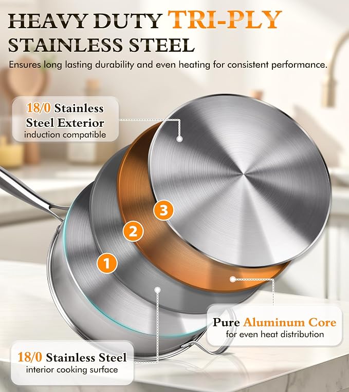 16-Piece Pots and Pans Set, Tri-Ply Stainless Steel Cookware Set - Image 4