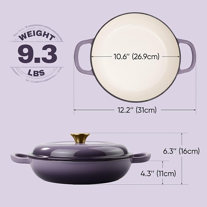 3 Quart Enameled Cast Iron Braiser, Non Stick Enameled Cast Iron Skillet - Image 4