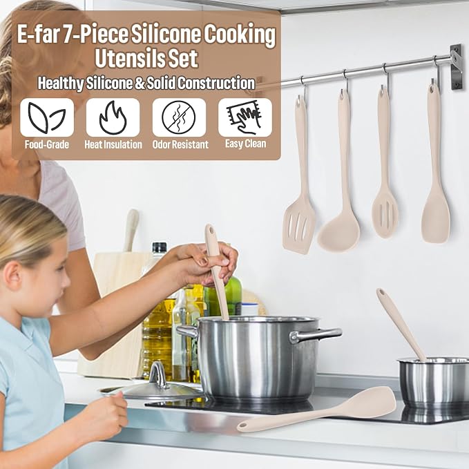 E-far Silicone Cooking Utensils Set, 7-Piece Khaki Heat Resistant Kitchen - Image 7