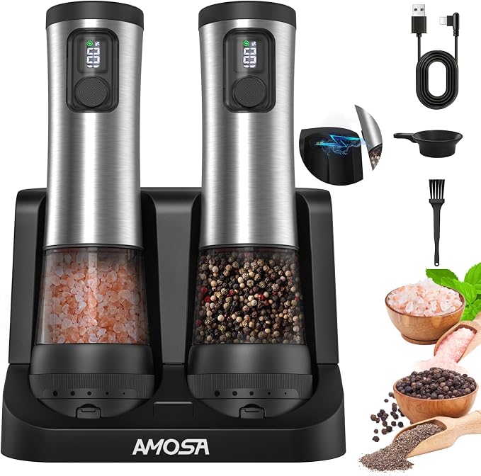 Electric Salt and Pepper Grinder Set, Upgraded 2-Speed Setting, External 5 by AMOSA