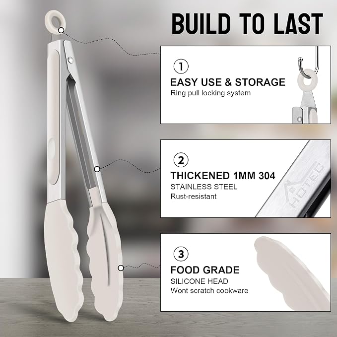 HOTEC Premium Stainless Steel Locking Kitchen Tongs - Image 3