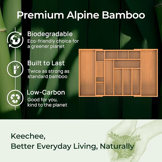 keechee Carbonized Large Bamboo Kitchen Drawer Organizer, 12 Slots Expandable - Image 7