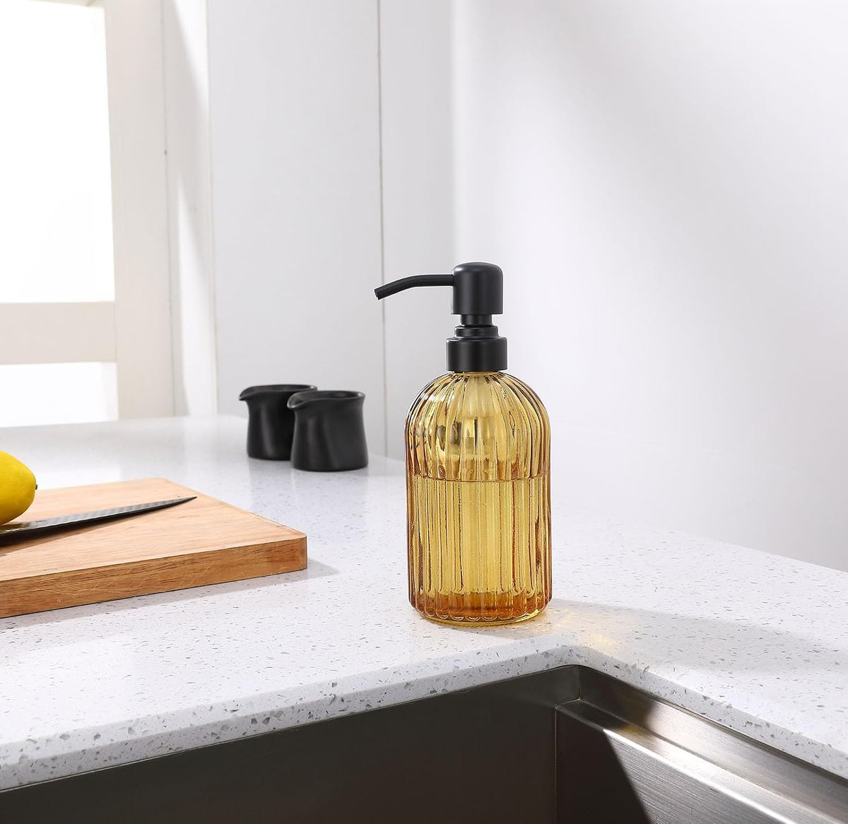 16 OZ Amber Glass Soap Dispenser, Amber Stripe Bathroom Hand Soap