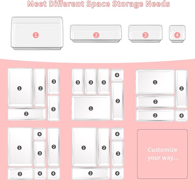 25 PCS Plastic Drawer Organizer Set, 4-size Clear Bathroom and Vanity Desk - Image 7