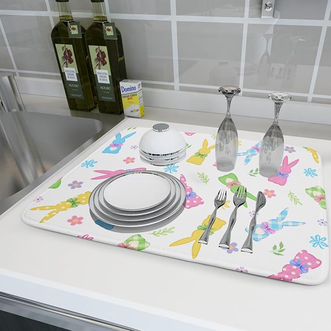 Easter Dish Drying Mat for Kitchen Counter Cute Bunny Floral Holiday Microfiber - Image 6