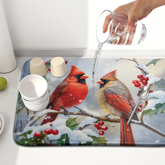 Winter Cardinal Birds Dish Drying Mat, Holly Berry Branches Dish Drying Mat - Image 6