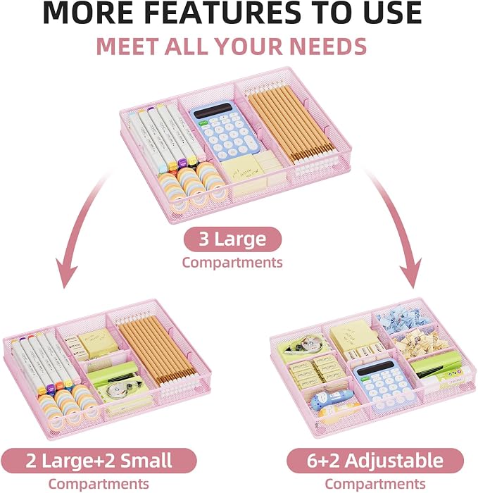 Marbrasse 2P Pink Desk Drawer Organizer, Metal Mesh Drawer Organizer Tray - Image 4