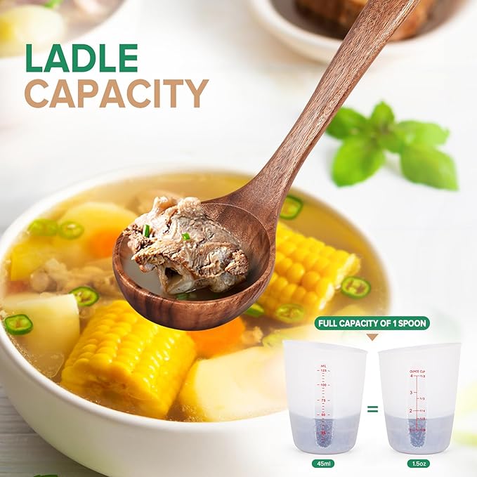 Wooden Spoons for Cooking, Teak Wood Soup Ladle&Slotted Pasta Fork Strainer - Image 4