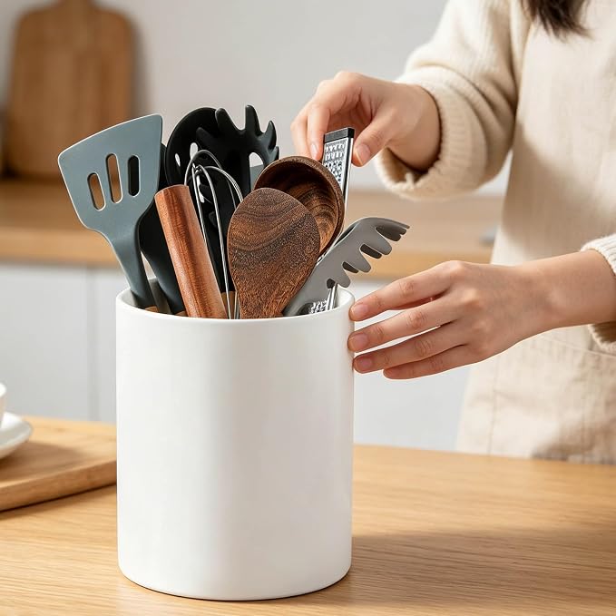 7" White Utensil Holder, Large Kitchen Utensil Holder Organizer - Image 7