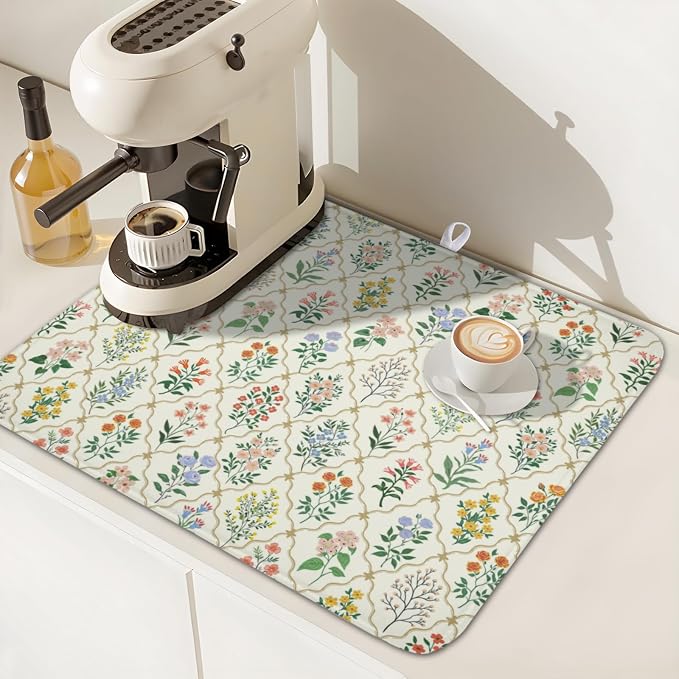 Floral Dish Drying Mat for Kitchen Counter Spring Summer Wild Flowers Diamond - Image 7