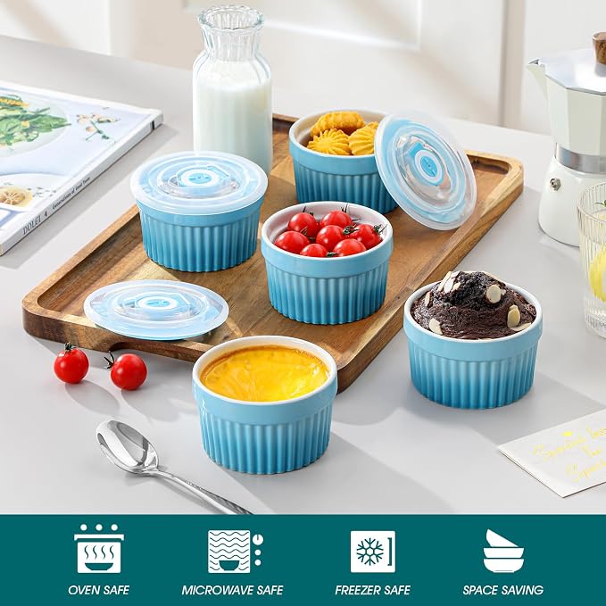 vancasso 6 oz Ramekins with Lid, Porcelain Creme Brulee Souffle Dishes - Image 4