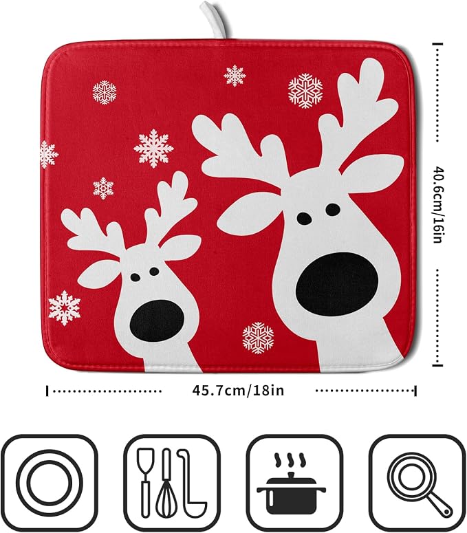 Xmas Dish Drying Mat for Kitchen Counter Cute Reindeer Holiday Snowflake - Image 2