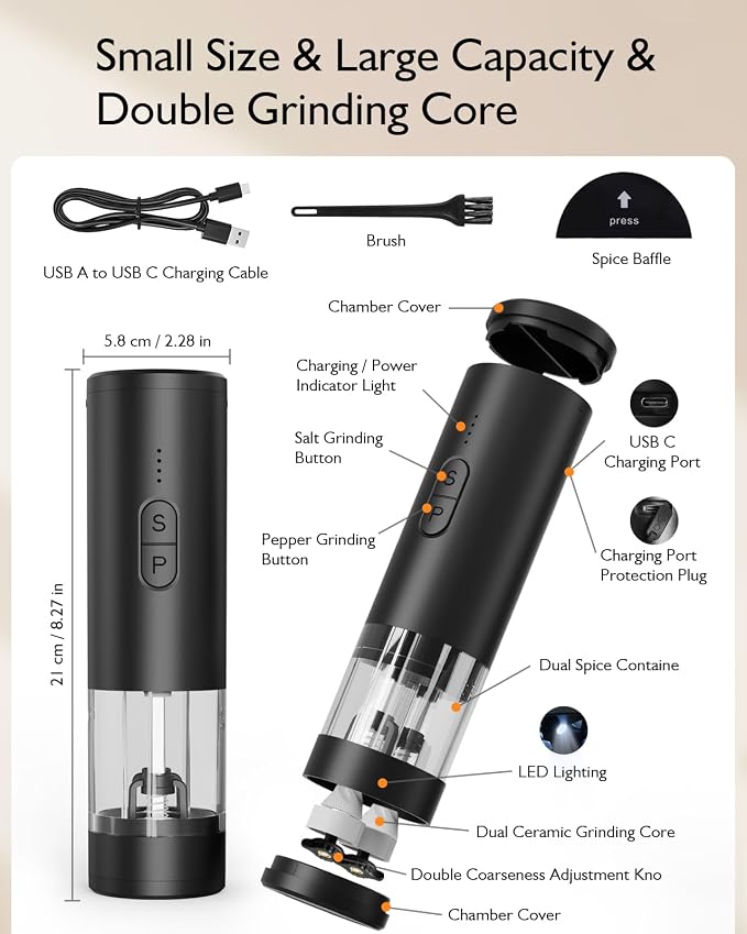 Electric Salt and Pepper Grinder Set, 2 in 1 Dual Bins USB Rechargeable - Image 7
